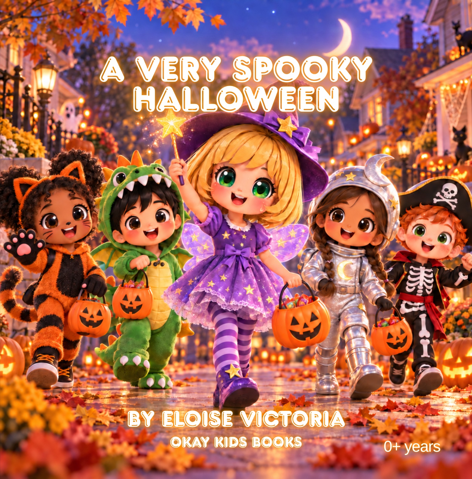 Ellie dressed as a witch fairy trick-or-treating with four costumed friends on Halloween