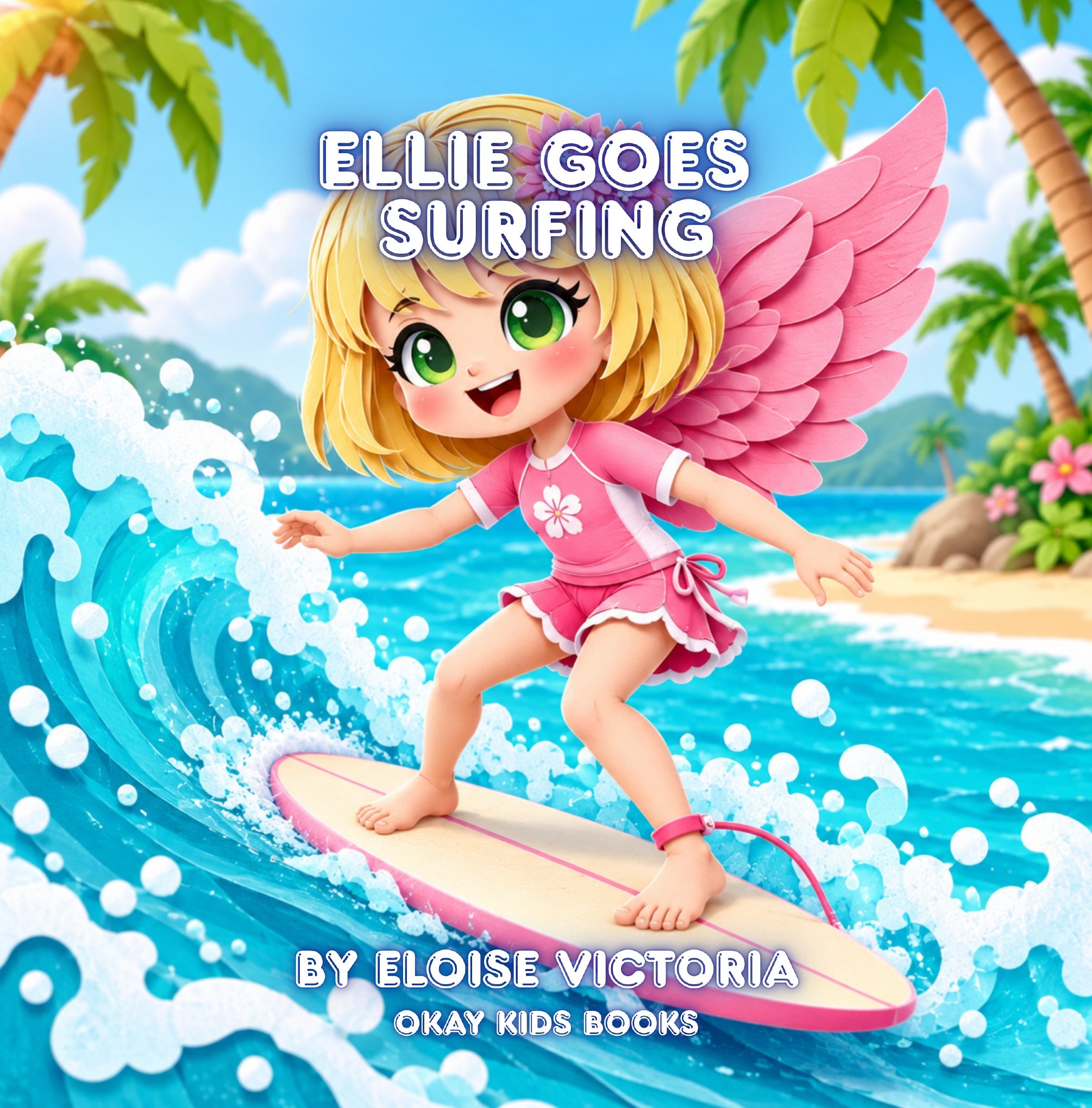 Ellie surfing barefoot on a pink-edged board beside a sunny tropical beach