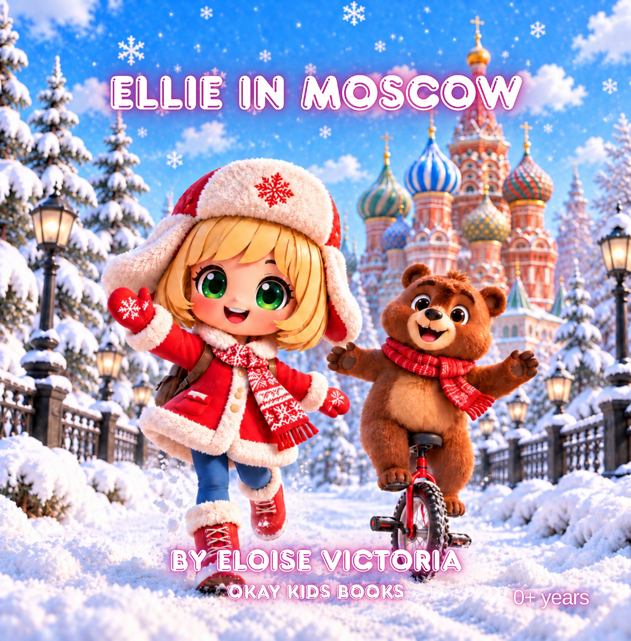 Ellie in a red winter outfit beside a bear riding a unicycle in snowy Moscow