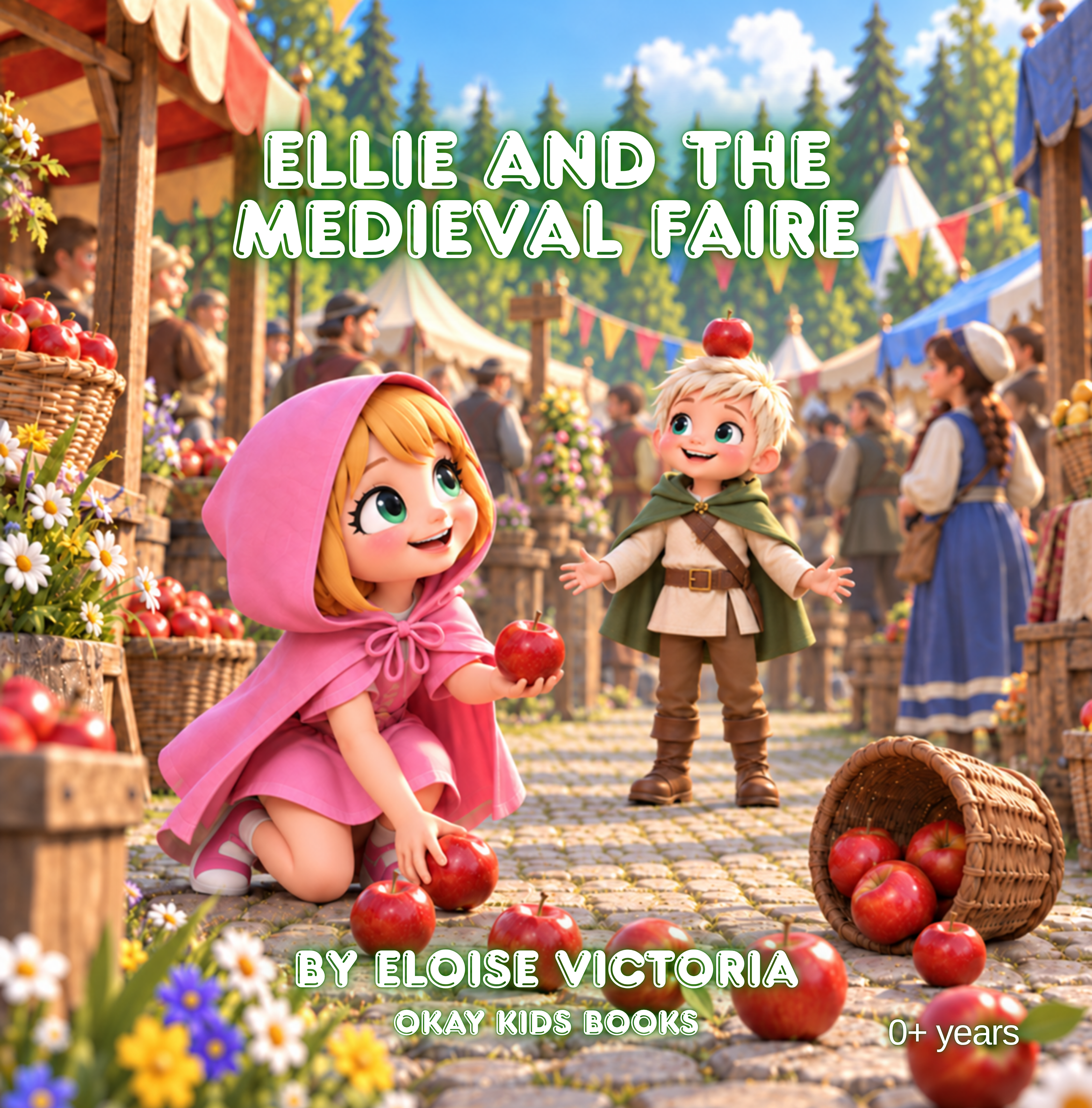 Ellie and Caelan balancing and gathering apples at a colourful medieval faire