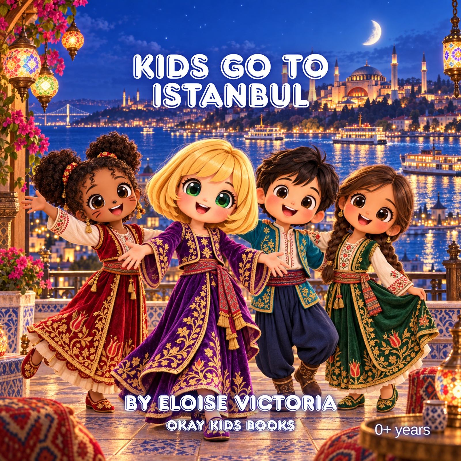 Ellie and three friends wearing traditional Turkish outfits overlooking the Bosphorus and Hagia Sophia at night