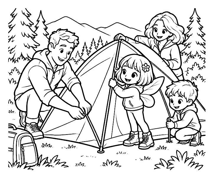 Putting up the family tent colouring-page preview
