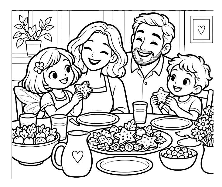 Sharing the family meal colouring page