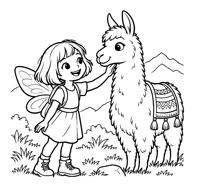 Meeting a mountain llama colouring-page preview