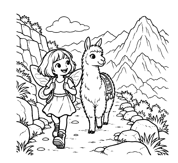 Walking the mountain trail colouring page