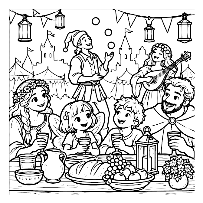 A lantern-lit family feast colouring page