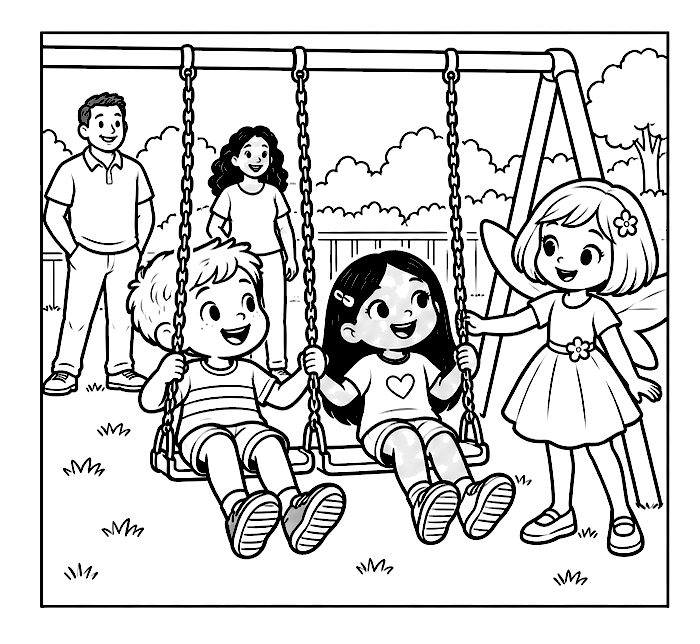 Sharing the swings colouring page