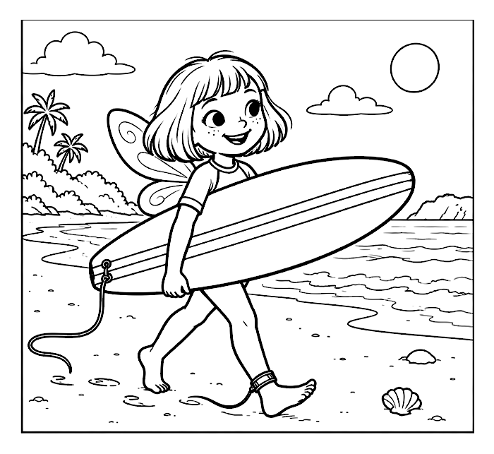 Carrying the surfboard colouring-page preview