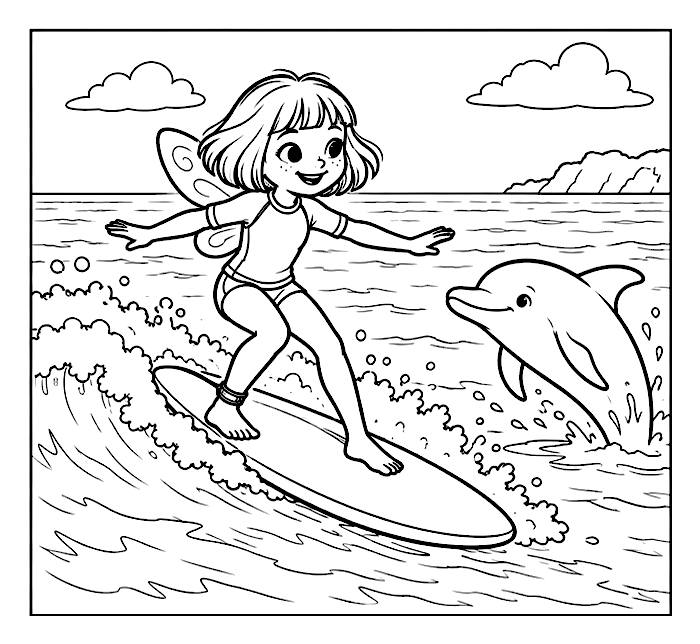Riding a friendly wave colouring page