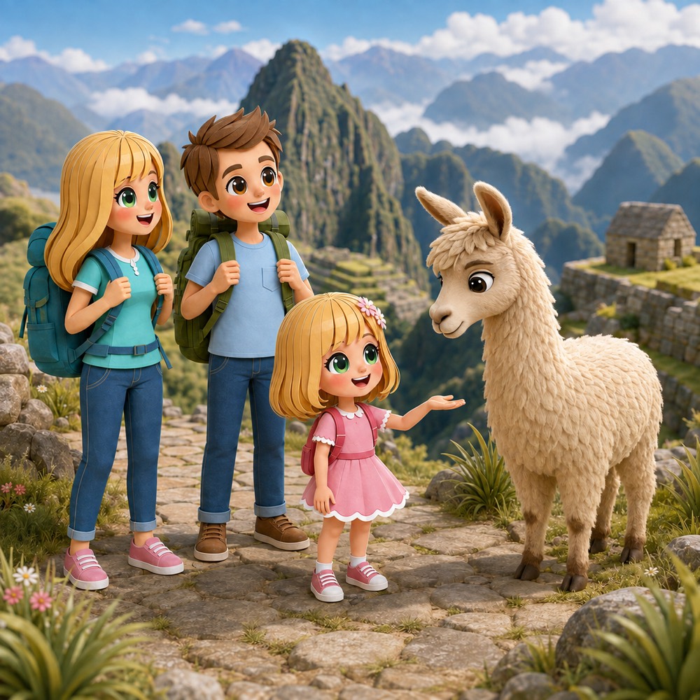 Ellie meeting a friendly llama with her family in the mountains