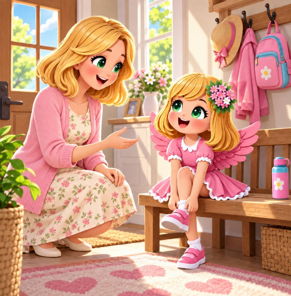 Ellie talking with a grown-up before going to the playground